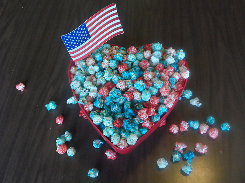 red white and blue popcorn with American flag